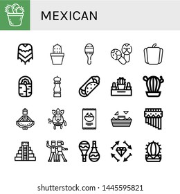 Set of mexican icons such as Cactus, Poncho, Maracas, Pepper, Burrito, Regional dance, Wrestler, Nachos, Zampona, Mayan pyramid, Salsa, Boho , mexican