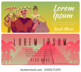 Set of mexican invitation card template. Woman in national clothes, whiskered men in sombrero hat and poncho with maracas and guitar. Vector flyers with wild mexico palm trees and ruins landscape