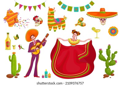 Set of Mexican items, people, skulls, tequila, piñatas, food, guitar for decoration
Cinco de Mayo holiday.Cartoon vector graphic.