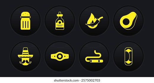 Set Mexican man sombrero, Avocado fruit, Wrestling championship belt, Cigar, Hot chili pepper pod, Tequila bottle, Burrito and Salt icon. Vector