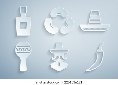 Set Mexican man sombrero, Maracas, Hot chili pepper pod, Beans and Tequila bottle icon. Vector