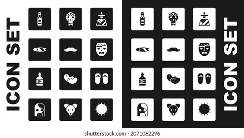 Set Mexican man sombrero, Mustache, Cigar, Tabasco sauce, Aztec mask, skull, Flip flops and Tequila bottle icon. Vector