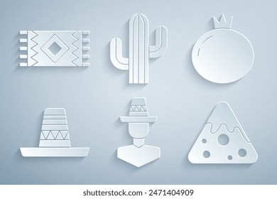 Set Mexican man sombrero, Tomato, Nachos, Cactus and carpet icon. Vector