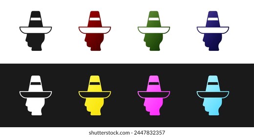 Set Mexican man wearing sombrero icon isolated on black and white background. Hispanic man with a mustache.  Vector