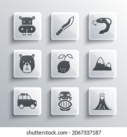 Set Mexican mayan or aztec mask, Volcano eruption, Mountains, Lemon, Car, Bear head, Hippo Hippopotamus and Snake icon. Vector