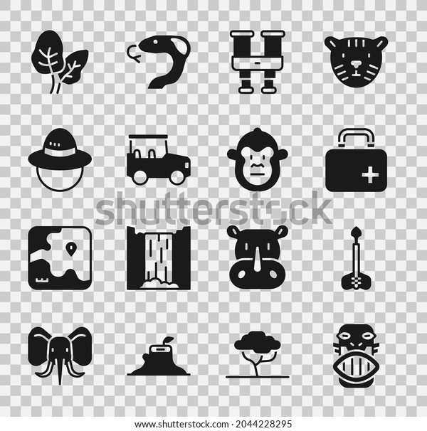 Set Mexican mayan or aztec mask, Arrow, First aid\
kit, Binoculars, Safari car, Camping hat, Tropical leaves and\
Monkey icon. Vector