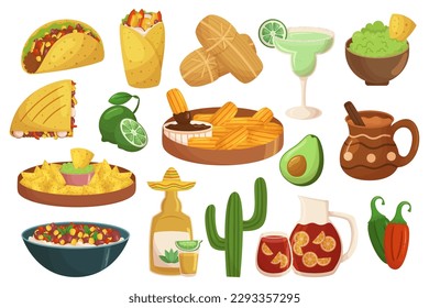 Set of Mexican Meals and Drinks. Jalapeno Peppers, Beans, Tacos, Enchiladas, Tamales, Guacamole, Salsa, And Churros. Tequila, Lime and Avocado, Various Spices And Herbs. Cartoon Vector Illustration