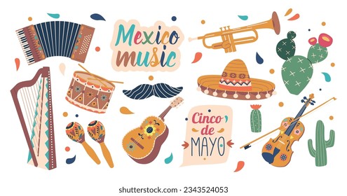 Conjunto De Instrumentos Musicales Mexicanos. Maracas, Guitarrón, Acordeón Y Trompeta, Arpa, Tambor Y Violín, Vector