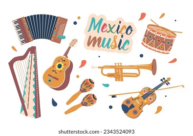 Set Of Mexican Musical Instruments Mariachi Trumpet, Vihuela or Guitarron. Harp, Accordion and Maracas