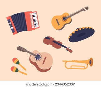 Set Of Mexican Musical Instruments and Sombrero. Maracas, Guitarron, Accordion, And Trumpet, Guitar and Violin