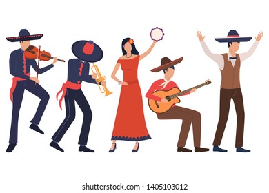 Set of Mexican musicians. Men in sombreros playing instruments, woman dancing with tambourine. Show concept. Vector illustration can be used for topics like fiesta, Mexico, party