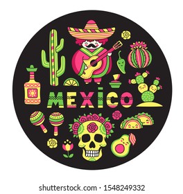 Set of mexican national symbols on a black background in circle. Colorful vector illustration.