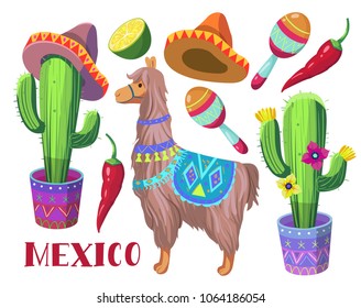 Set of Mexican objects: sun, cactus, lama, sombrero, pepper. Hand drawn illustration converted to vector.