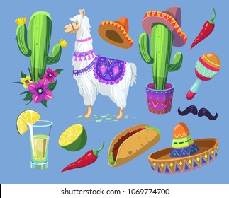 Set of Mexican objects: sun, cactus, lama, sombrero, tequila, pepper. Hand drawn illustration converted to vector.