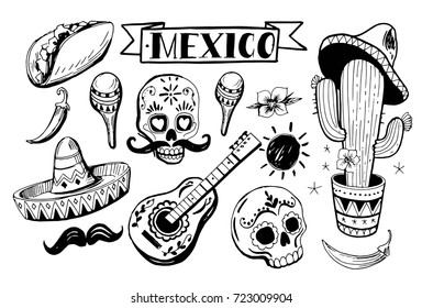 Set of Mexican objects: sun, cactus, sombrero, guitar, tequila, pepper, sugar skull, flowers. Hand drawn illustration converted to vector.