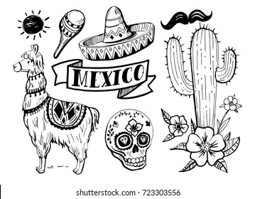 Set of Mexican objects: sun, cactus, llama, sombrero, guitar, tequila, pepper, sugar skull, flowers. Hand drawn illustration converted to vector.