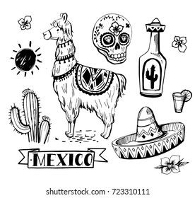 Set of Mexican objects: sun, cactus, llama, sombrero, tequila, pepper, sugar skull, flowers. Hand drawn illustration converted to vector.