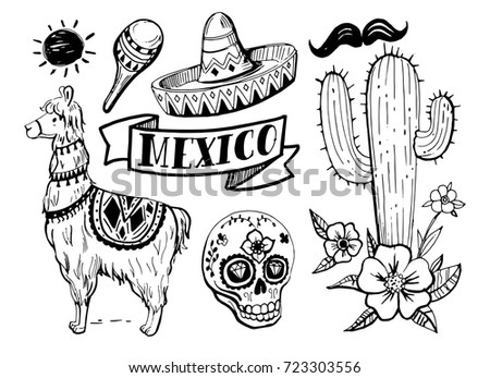 Set of Mexican objects: sun, cactus, llama, sombrero, guitar, tequila, pepper, sugar skull, flowers. Hand drawn illustration converted to vector.