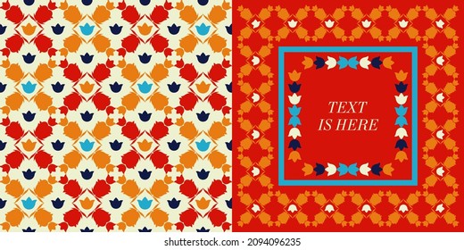 Establecer: Ornamento mexicano (sin costura) con flores decorativas y una postal. Ornamento étnico de boho. Ilustración vectorial para diseño web o impresión.