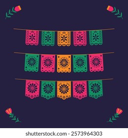 Set of Mexican paper papel picado. Flags for holidays, weddings, parties, birthdays in Mexican style. Isolated vector illustration.