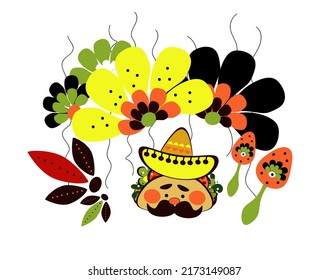Set mexican party elements, traditional Mexican food, doodle sketch style vector illustration on white background. 