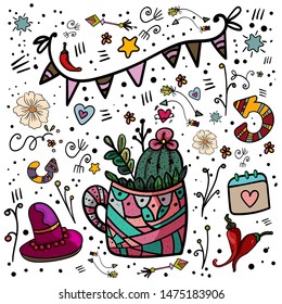 Set Mexican Party. Mexican traditional holiday. Cinco de Mayo Mexican traditional fiesta and Mexico holiday. - Vector. Vector illustration