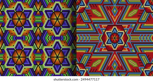 Set of Mexican patterns in Huichol style. Native American beading. Ethnic seamless pattern.