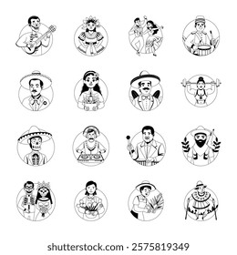 Set of Mexican People Glyph Style Illustrations 

