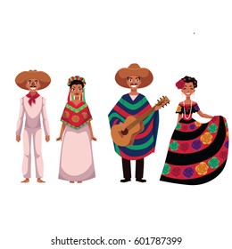 Set of Mexican people, men and women, in traditional national costumes, cartoon vector illustration isolated on white background. 