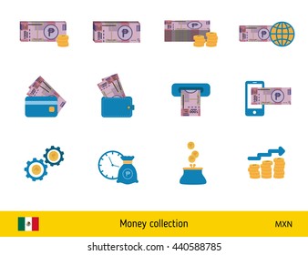 Set of Mexican peso. Banknote and coin of Mexican peso