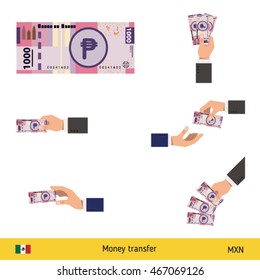 Set of Mexican peso. Holding, throwing Mexican peso.