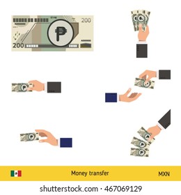 Set of Mexican peso. Holding, throwing Mexican peso.