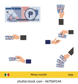 Set of Mexican peso. Holding, throwing Mexican peso.