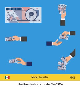 Set of Mexican peso. Holding, throwing Mexican peso.