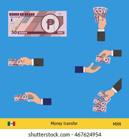 Set of Mexican peso. Holding, throwing Mexican peso.