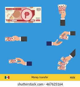 Set of Mexican peso. Holding, throwing Mexican peso.