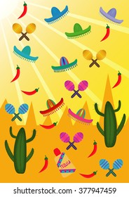 Set of Mexican pictures on the background of mountains and sun