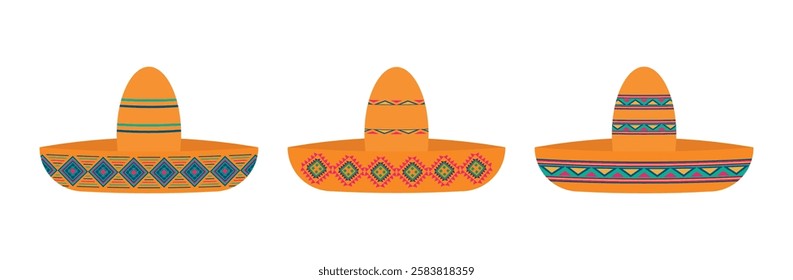 Set of Mexican sambrero hats with ornaments. Isolated vector illustration in flat style.