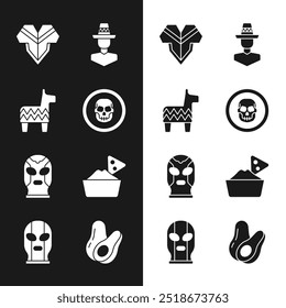 Set Mexican skull coin, Pinata, Poncho, man sombrero, wrestler, Nachos bowl, Avocado fruit and  icon. Vector