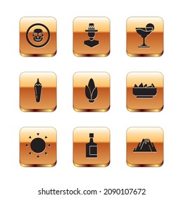 Set Mexican skull coin, Sun, Tequila bottle, Corn, Hot chili pepper pod, Margarita cocktail, Volcano eruption with lava and man sombrero icon. Vector