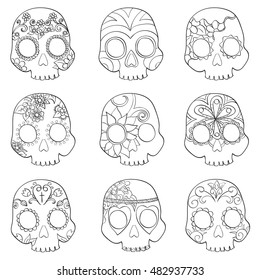 Set with mexican skulls for Day of the Dead (Dia de los Muertos) celebration, vector illustration