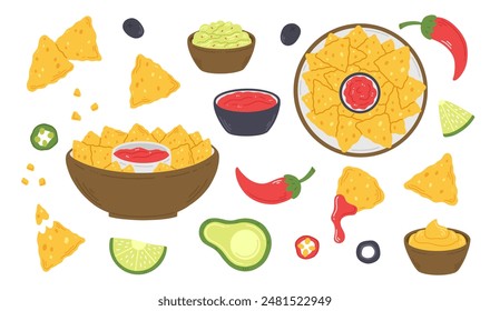 Un conjunto de nachos mexicanos en un estilo plano de dibujos animados aislado sobre un fondo blanco. Ilustración Clipart del Vector de la comida tradicional mexicana