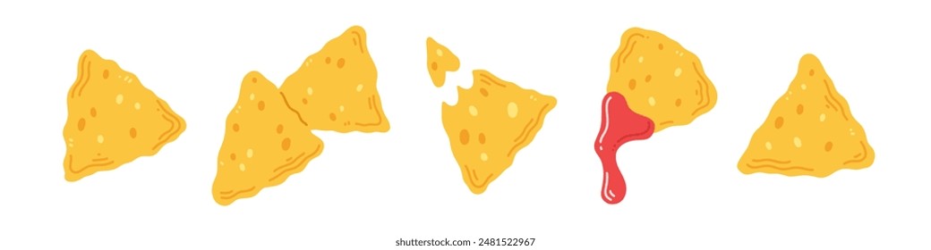 A set of Mexican snack nachos in a flat cartoon style isolated on a white background. Vector clipart illustration of Mexican traditional food.