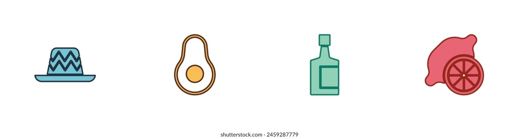 Set Mexican sombrero, Avocado fruit, Tequila bottle and Lemon icon. Vector