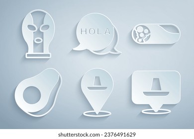 Set Mexican sombrero, Burrito, Avocado fruit, Hola and wrestler icon. Vector