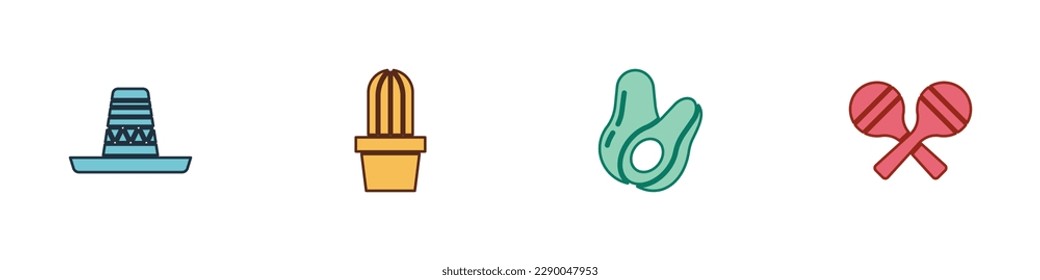 Set Mexican sombrero, Cactus or succulent in pot, Avocado fruit and Maracas icon. Vector