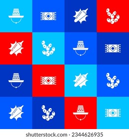Set Mexican sombrero, carpet, Hot chili pepper pod and Cactus icon. Vector