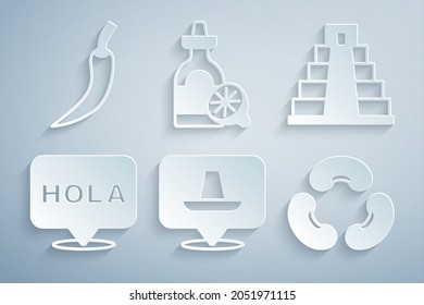 Set Mexican sombrero, Chichen Itza in Mayan, Hola, Beans, Tequila bottle with lemon and Hot chili pepper pod icon. Vector