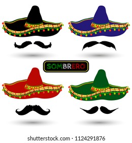 Set of Mexican sombrero with a different mustache. Vector illustration.