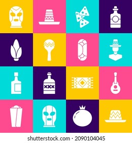 Set Mexican sombrero, guitar, man, Nachos, Maracas, Corn, wrestler and Burrito icon. Vector